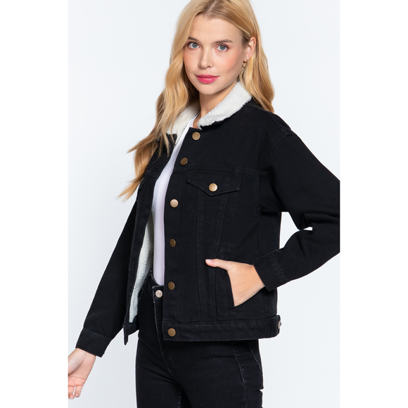 Inner Fur Black Oversized Denim Jacket - Picture 3 of 8